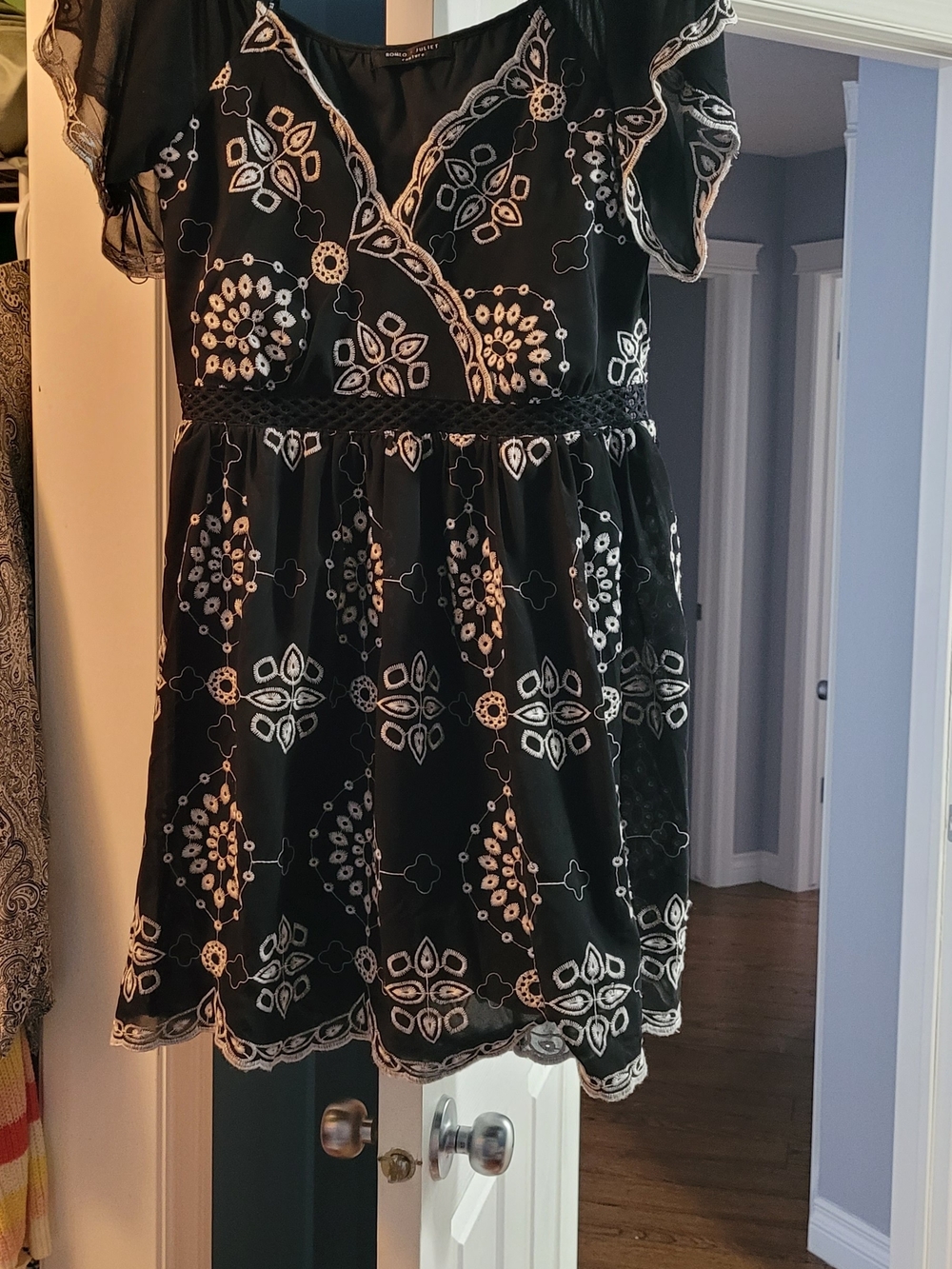 Romeo & Juliet Couture Black Midi Dress with White Embroidered Floral Pattern